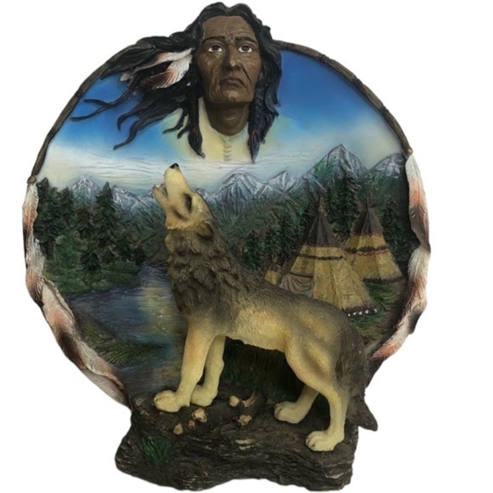 American Indian Howling Wolf Decorative Art Sculptured Plate